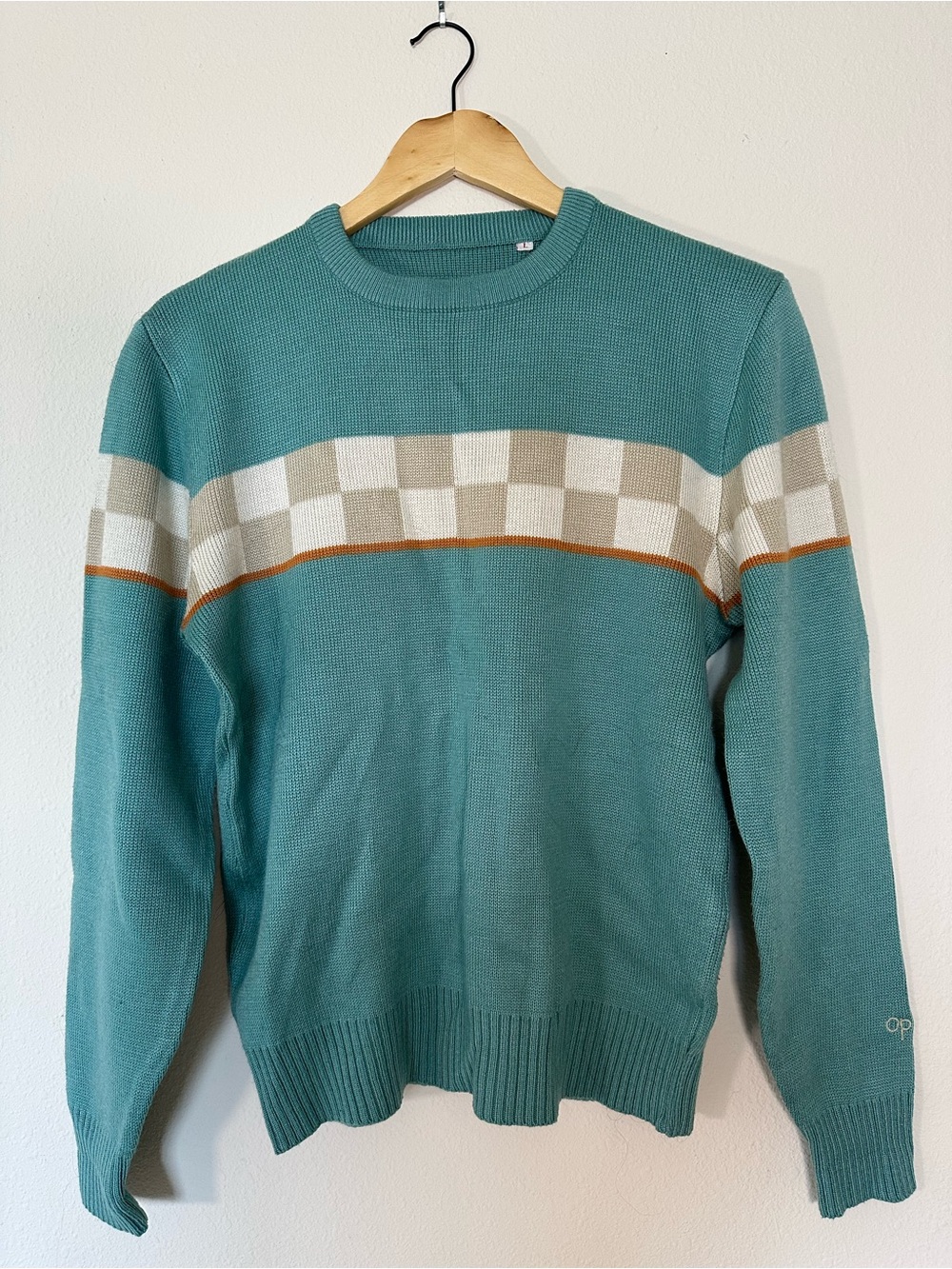 90s OP Teal Crewneck Sweater with Checker Stripe